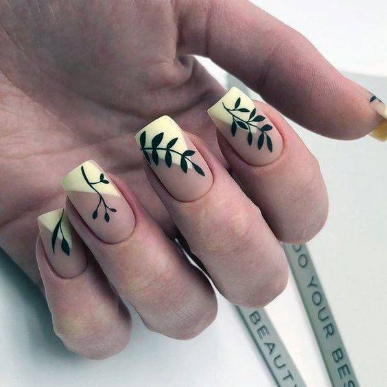 Black Twig On Pale Yellow Nails For Women