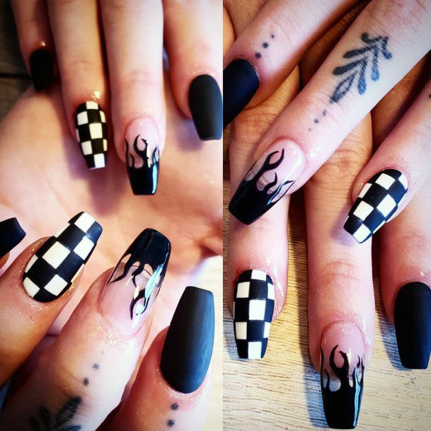 Black White Buffalo Checkered Nails Women