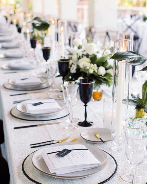 Black Wine Glass And White Dining Linen Wedding Decor