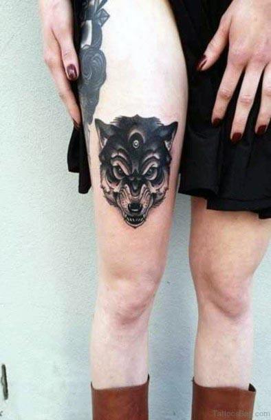 Black Wolf Head Tattoo Womens Legs