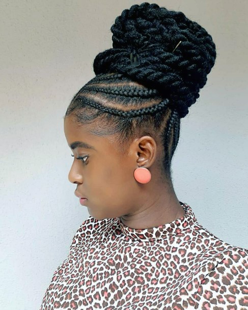 Black Woman With Pretty Braided Top Knot Updo Wrapped Hairstyle