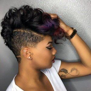 Black Young Woman High And Tight Side Mohawk With Playful Purple Colors Hair Design