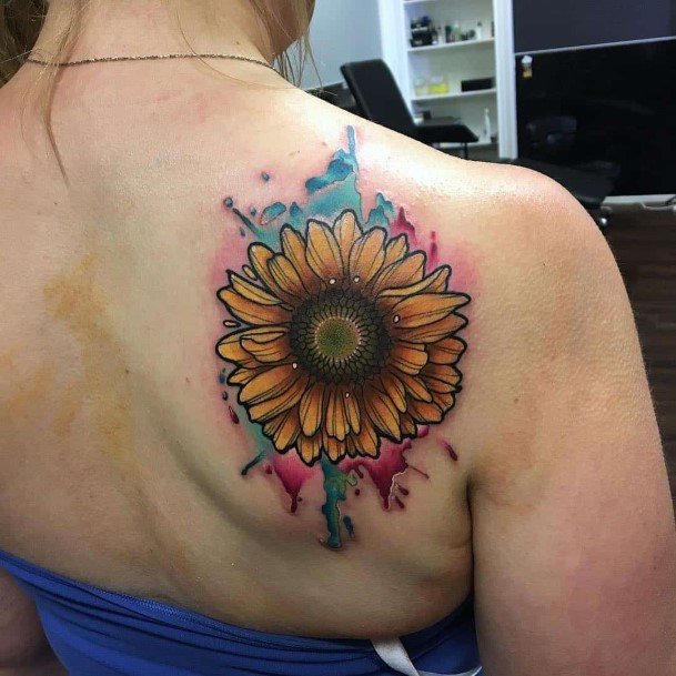 Blast Of Colors Sunflower Tattoo Womens Back