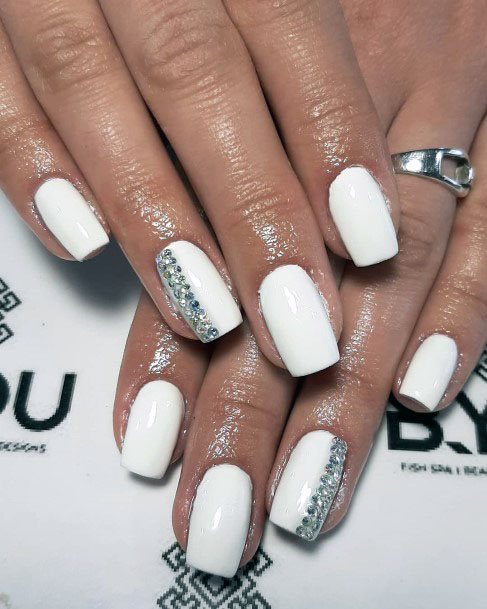 Bleached White Gel Nails With Haf Grey Design Women