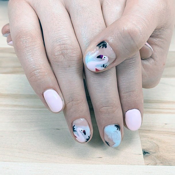 Bleached White Nails With Snowy Flamingo Women