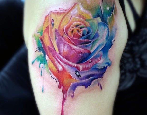Bleeding Watercolor Rose Tattoo Womens Legs