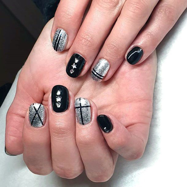 Blinding Silver And Black Nails Women