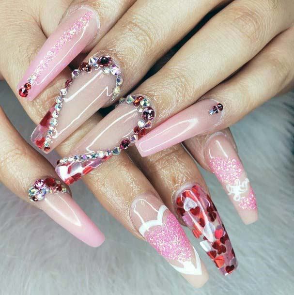 Bling Stones Red And Pink Nails For Women