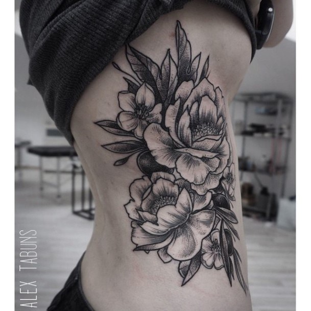 Blissful Bunch Of Black Flowers Tattoo Womens Torso