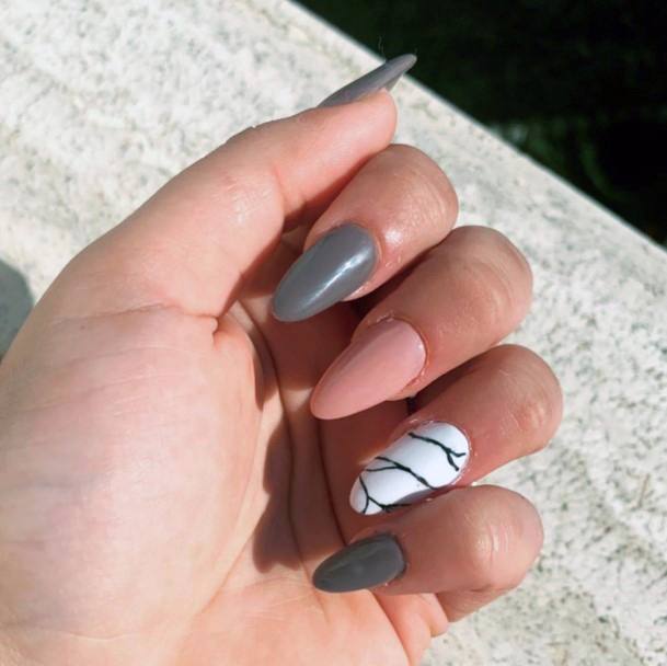 Block Colored Grey And Pink Nails With Marble Accent For Women