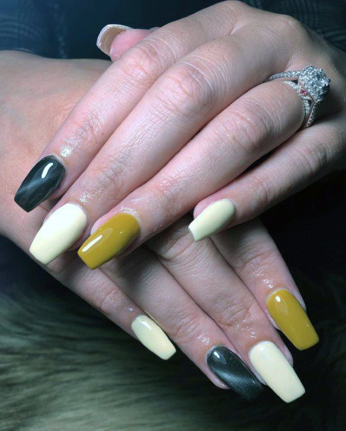 Block Colored Pale Yellow And Black Nails For Women