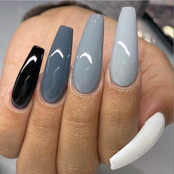 Blocked Grey Themed Colors On Long Nails Women