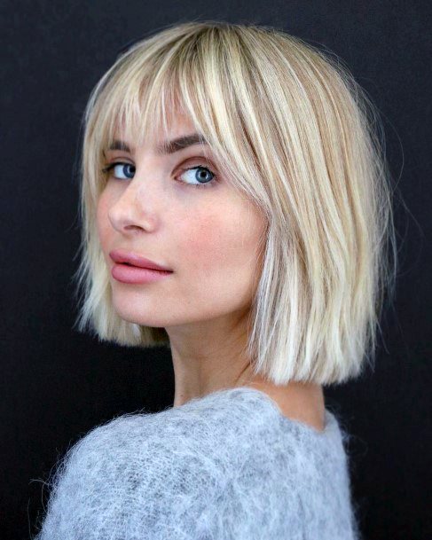 Blonde Colored Highlighted Hair Short Hairstyles With Fringe For Women