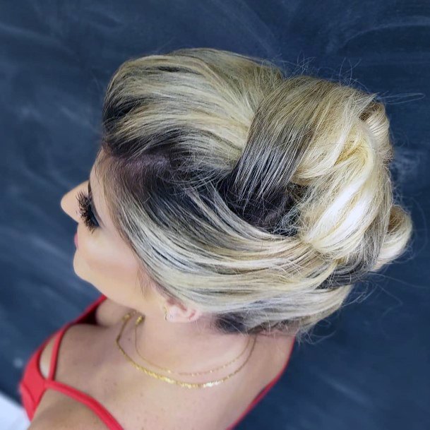 Blonde With Brown Roots Weaved Bun Updo Hairstyles For Women