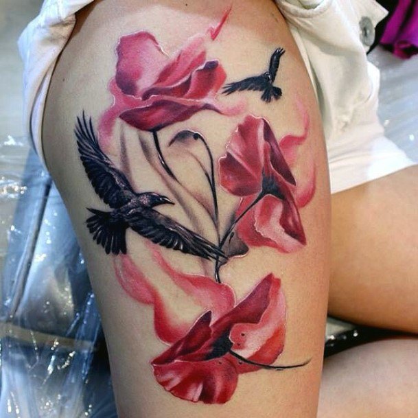 Bloody Flowers And Flying Birds Tattoo Womens Thighs