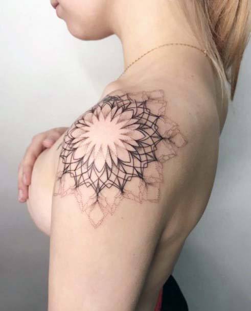 Blooming Flower Tattoo With Geometric Lines Womens Shoulders