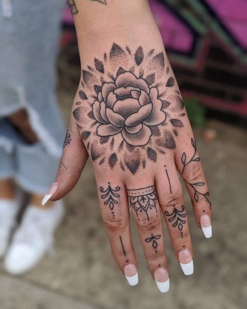 Blooming Flower Tattoo Womens Fingers