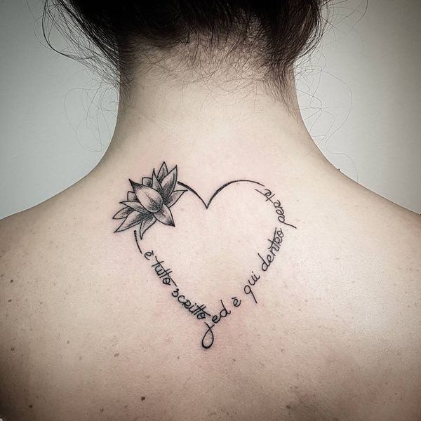 Blooming Lotus And French Heart Tattoo Womens Back
