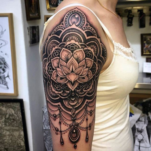 Blooming Lotus With Chain Tattoo Womens Half Sleeve