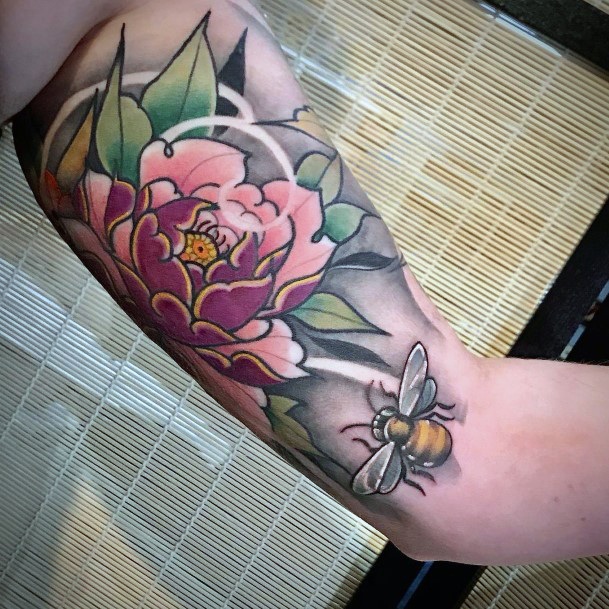 Blooming Orange Lotus And Bee Tattoo For Women Art