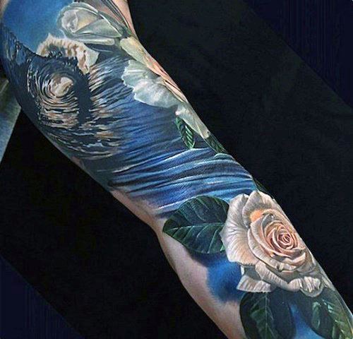 Blooming Rose And Blue Waves Tattoo Womens Arms