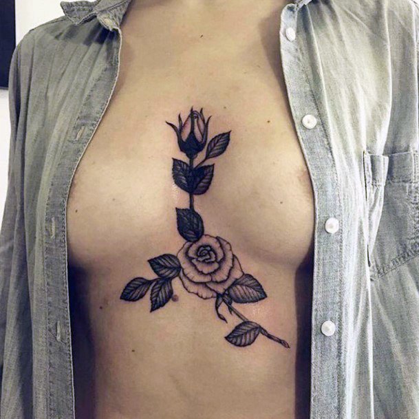 Blooming Rose And Bud Tattoo Womens Chest