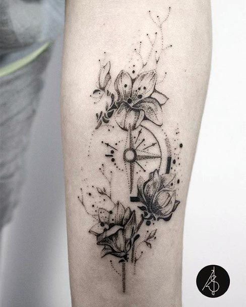 Blooms And Compass Tattoo Womens Forearms