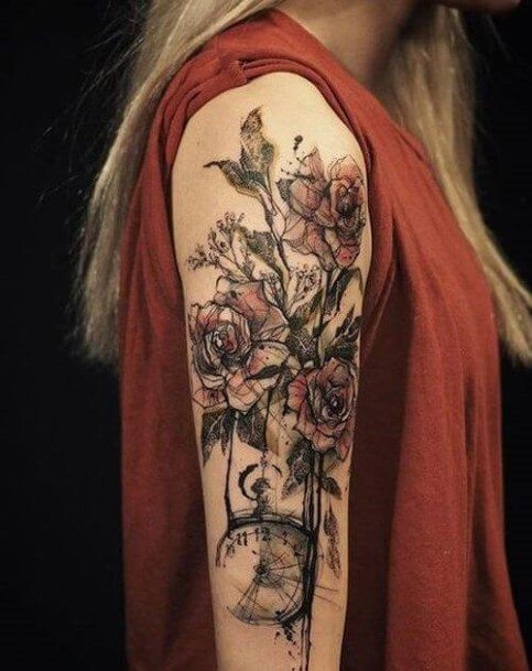 Blossom And Clock Tattoo Womens Arms