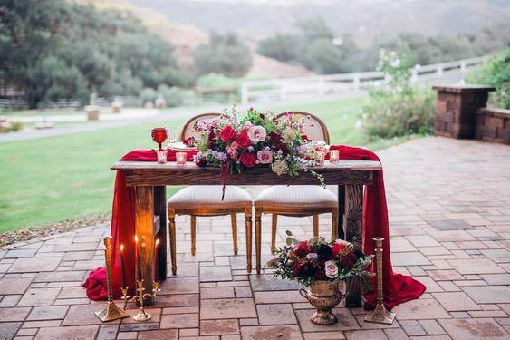 Blossom Filled Red Wedding Flowers Table Sweet Heart