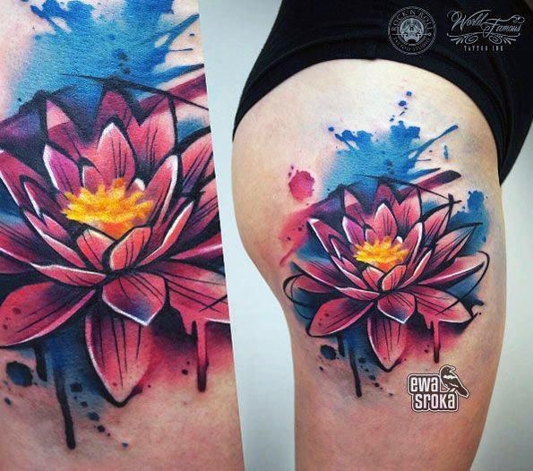 Blossoming Lotus Watercolor Tattoo Womens Thighs