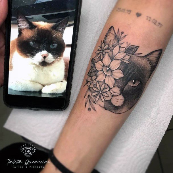 Blossoms And Cat Tattoo For Women