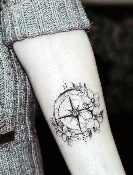 Blossoms And Compass Tattoo Womens Forearms