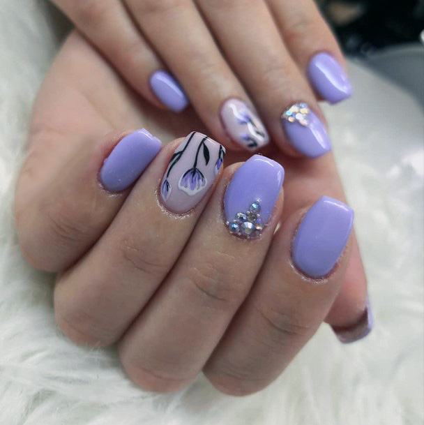 Blossoms And Crystal Light Purple Nails