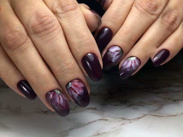 Blossoms And Dark Purple Nails Women