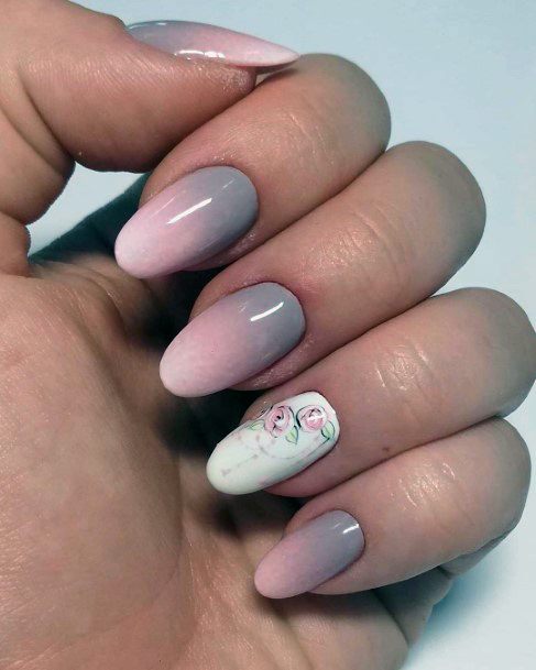 Blossoms And Grey Ombre Nails