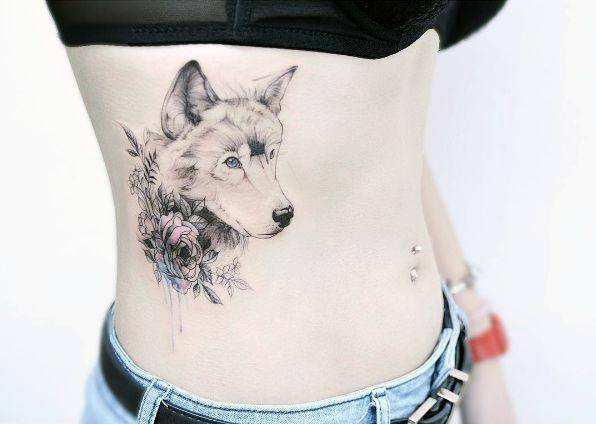 Blossoms And Wolf Tattoo Womens Torso