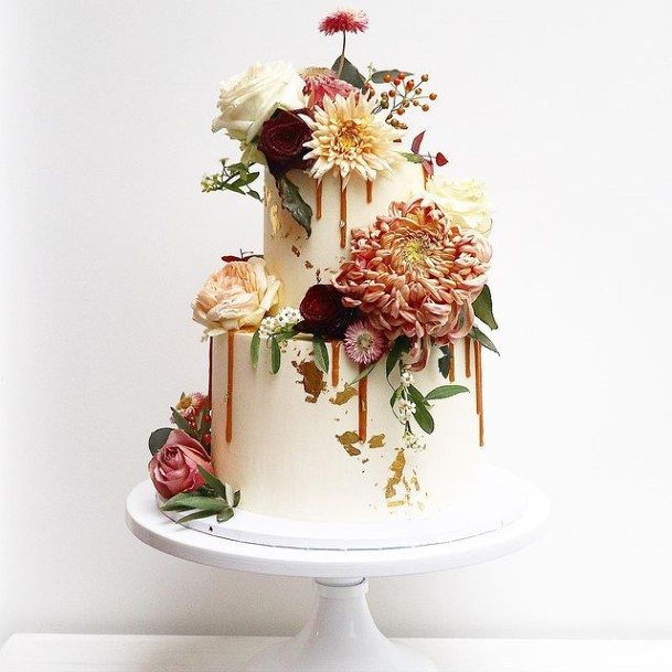 Blossoms On White 2 Tier Wedding Cake Dripping Caramel