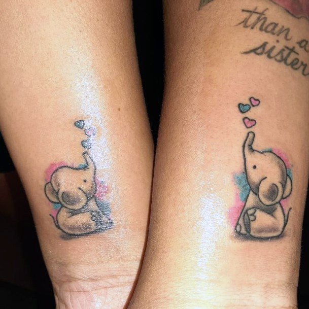 Blowing Hearts Baby Elephant Sister Tattoo Wrist