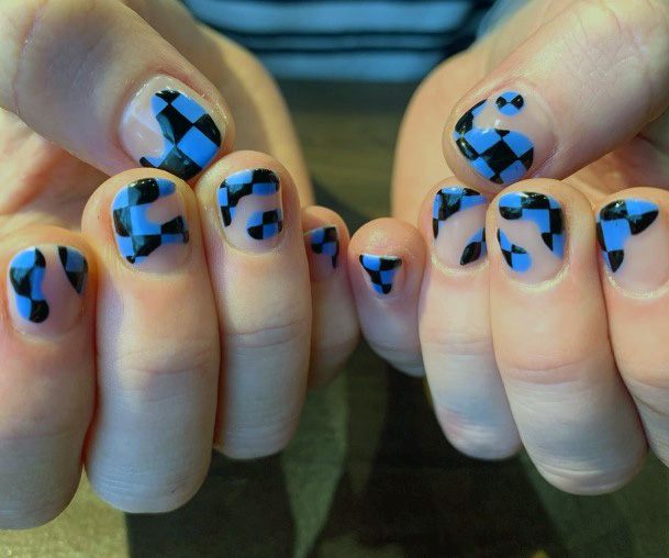 Blue And Black Checks Nail Art Women