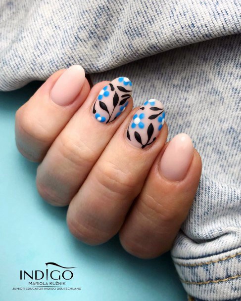 Blue And Black Leaves On Natural Nail Ideas For Women