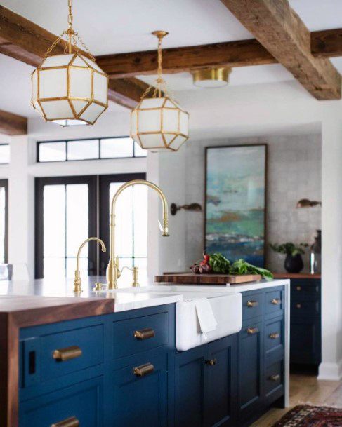 Blue And Gold Island Kitchen Ideas