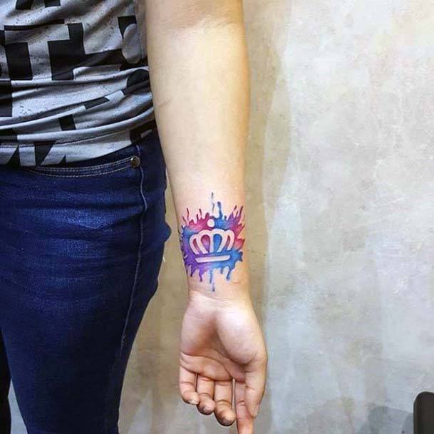 Blue And Pink Crown Tattoo Womens Wrists