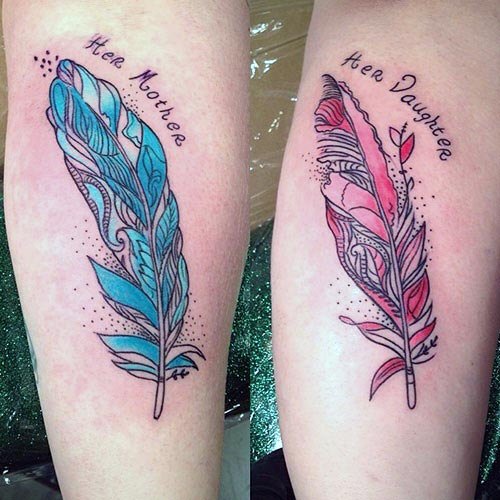 Blue And Pink Fabulous Feather Tattoo Mother And Daughter Forearms