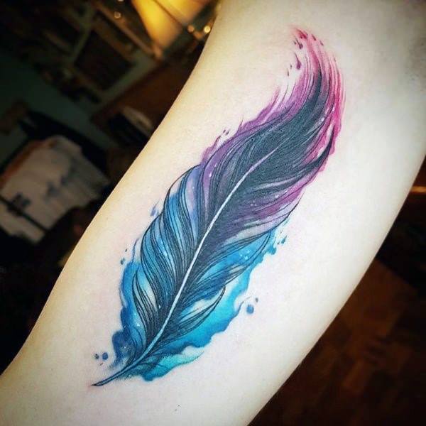 Blue And Pink Feather Tattoo Women