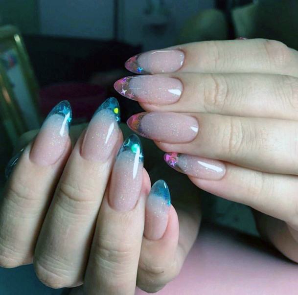 Blue And Pink Shiny Tipped Transparent Nails For Women