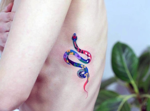 Blue And Pink Snake Tattoo Womens Back Art