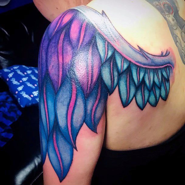 Blue And Purple Angel Wings Tattoo Womens Shoulder