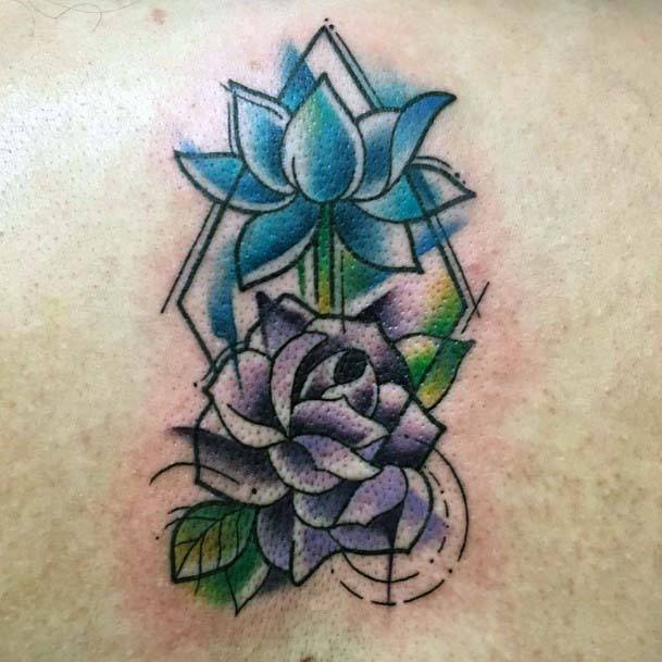 Blue And Purple Flowers And Geometric Lines Tattoo Women