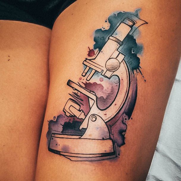 Blue And Purple Watercolor Leg Exquisite Microscope Tattoos On Girl