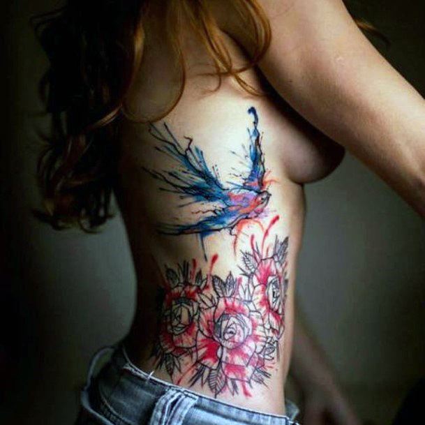Blue And Red Bird Tattoo Womens Torso